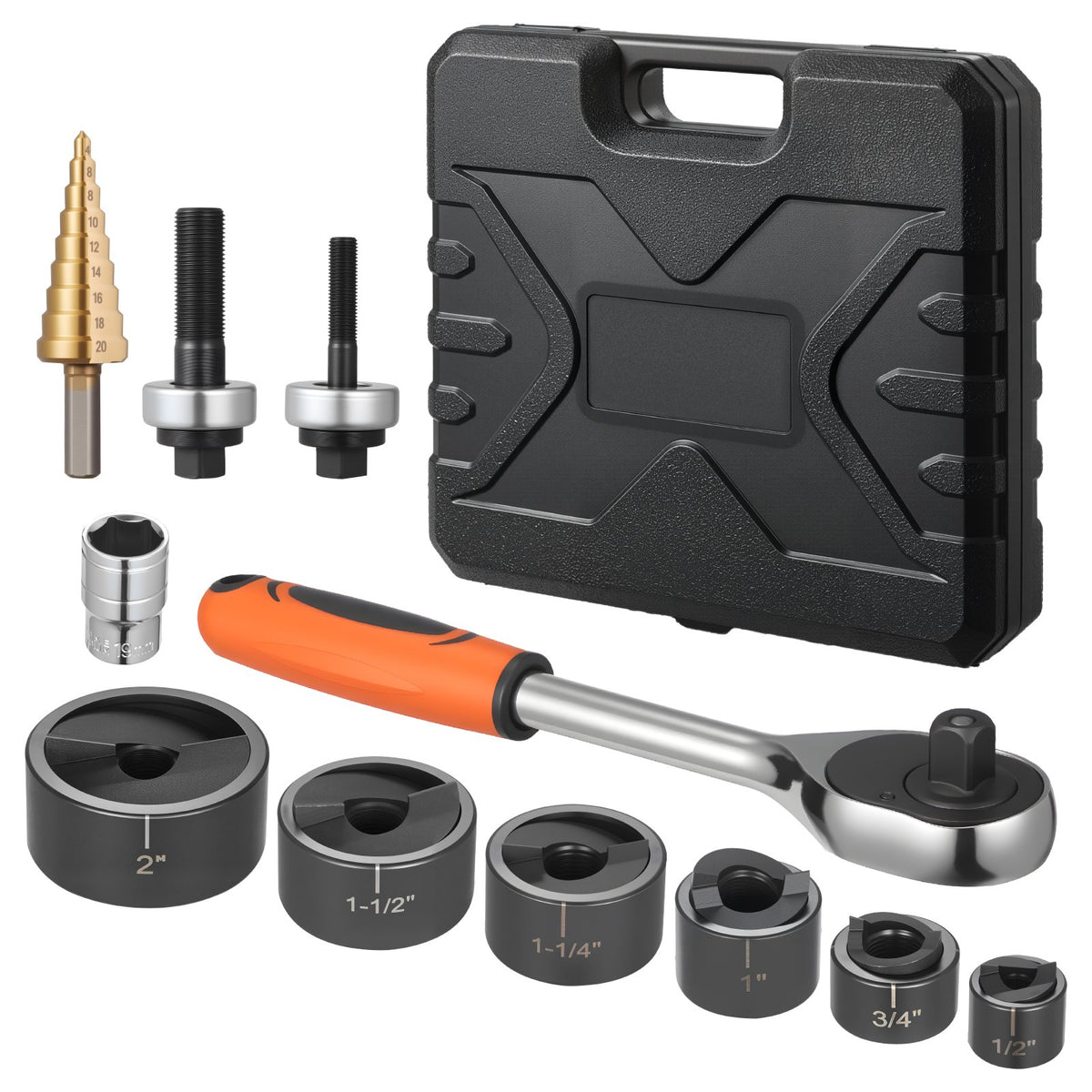 VEVOR Knockout Punch Set, 12.7 to 50.8mm SLUG-Buster Ratchet Knockout Set, Ratchet Wrench Knockouts Punch Sets for Aluminum, Mild steel, Fiberglass, Plastics, 6 Die Sizes, 40Cr Steel Ko Tool Kit
