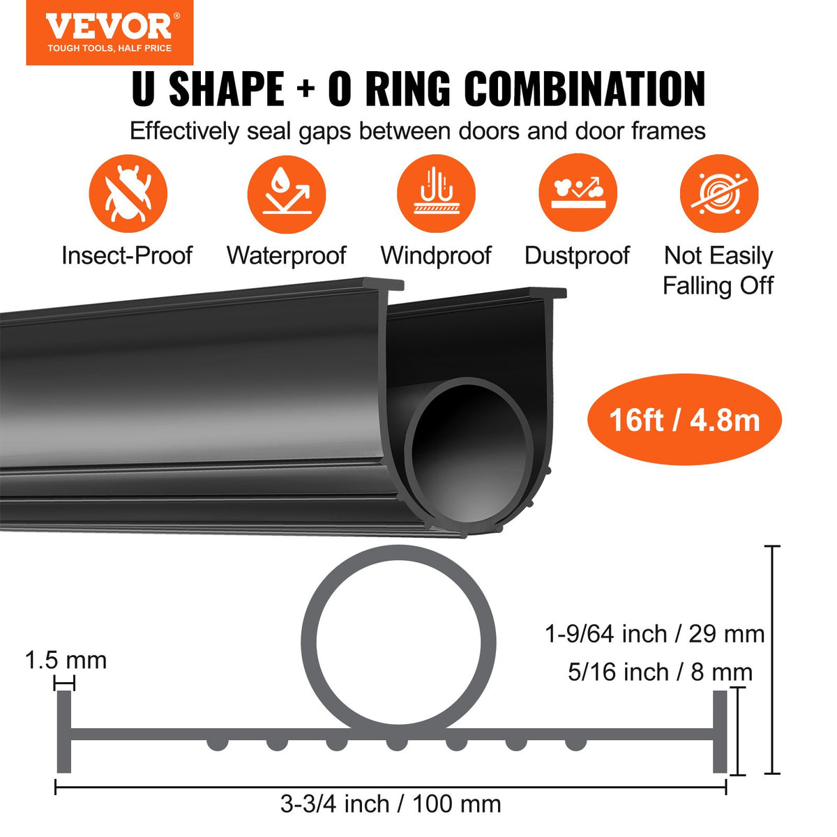 VEVOR Garage Door Seals Bottom Rubber, U Shape +O Ring Combination Garage Door Bottom Weather Seal, 16ft Weatherproofing Garage Door Seal, 5/16 inch T-ends and 3 3/4 inch Width, for Doors, Black