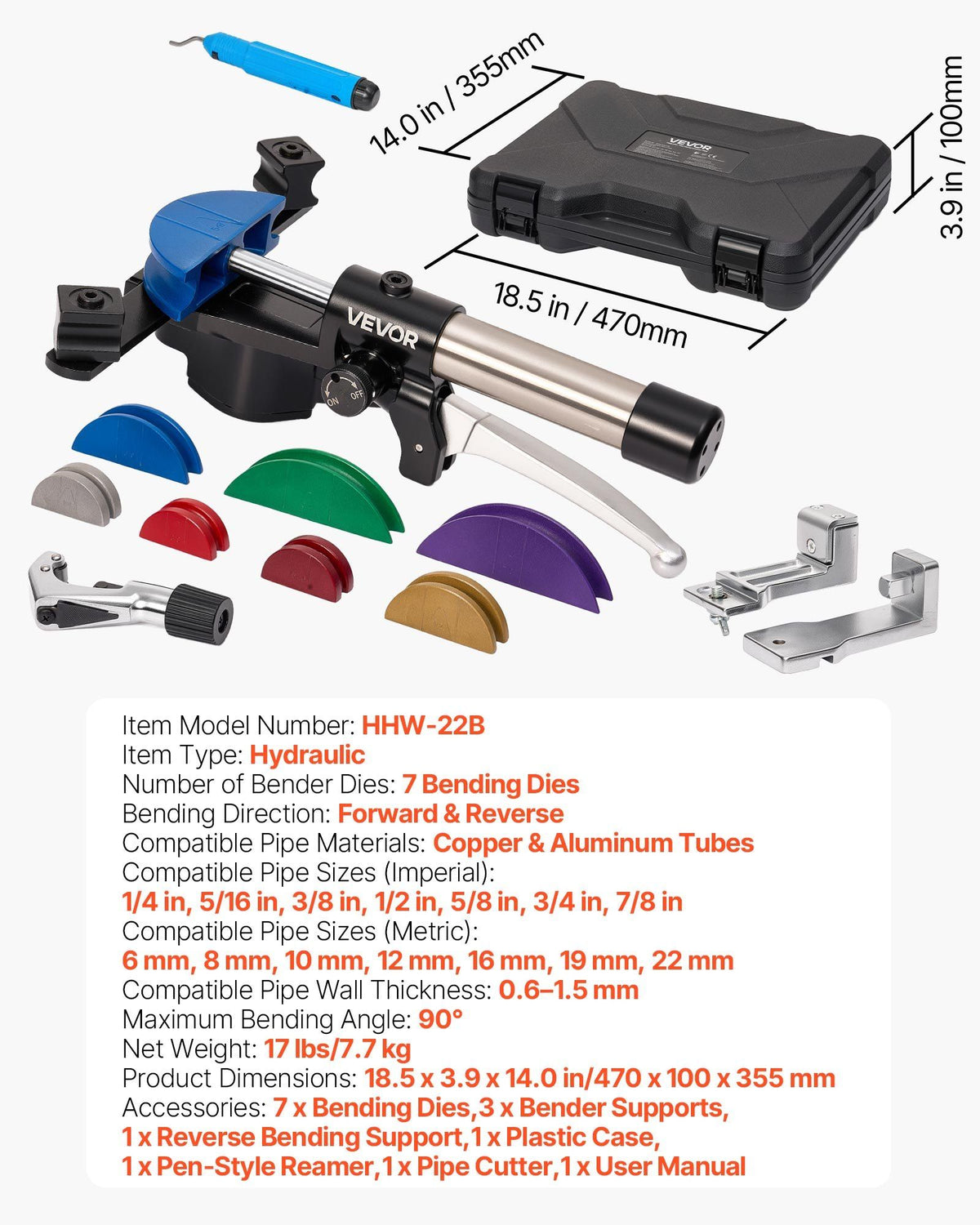 Hydraulic Tubing Bender Kit, 6 mm to 22 mm, Copper Tube Pipe Bender, Forward/Reverse HVAC Bending Tool, with 7 Color Aluminium Alloy Dies, for HVAC Air Conditioning Refrigeration Auto Repair