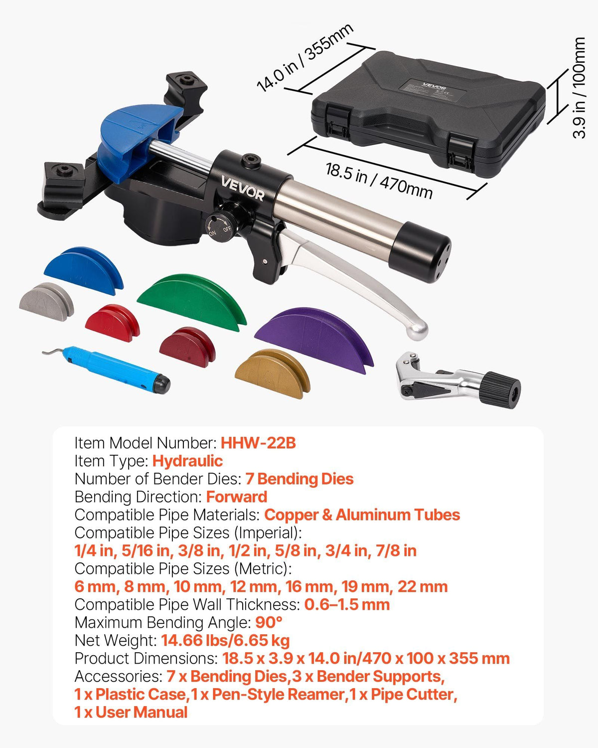 Hydraulic Tubing Bender Kit, 6 mm to 22 mm, Copper Tube Pipe Bender, HVAC Bending Tool Set, 90° Bend, with 7 Color Aluminium Alloy Dies, for HVAC Air Conditioning Refrigeration Automotive Repair