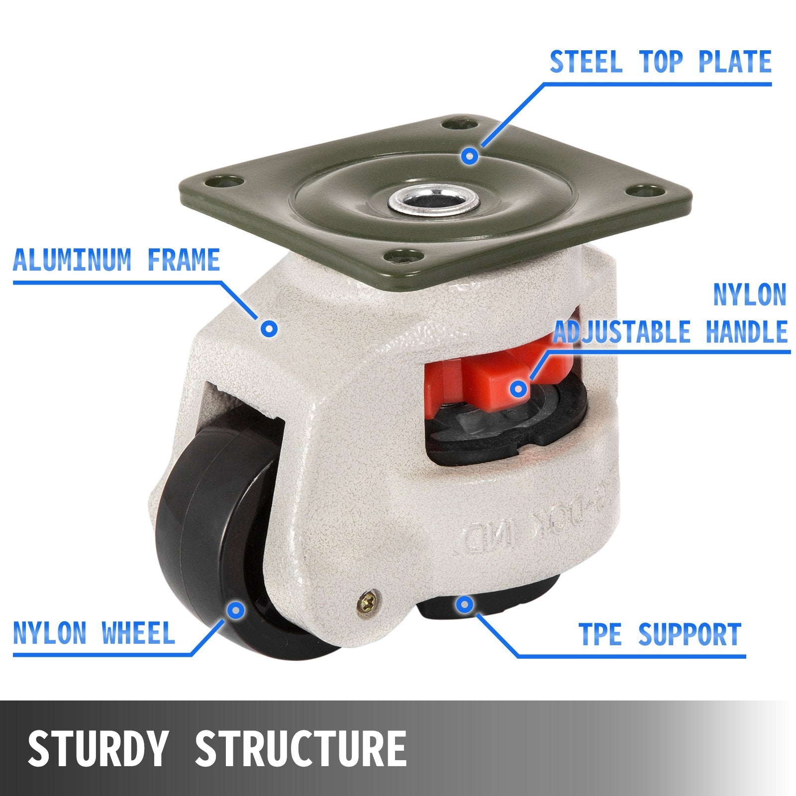 VEVOR 4 Pack Leveling Casters GD-60F Plate Mounted Footmaster Leveling Caster 551kg per Leveling Caster Wheels Nylon Wheel and NBR Pad(GD-60F)