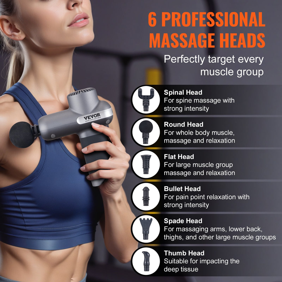 VEVOR Massage Gun Deep Tissue, Percussion Muscle Massager for Athletes - with 5 Speed Levels & 6 Massage Heads, 7.4V 2500mAh Batteries, Handheld Electric Massage Gun for Pain Relief, Muscle Relaxation