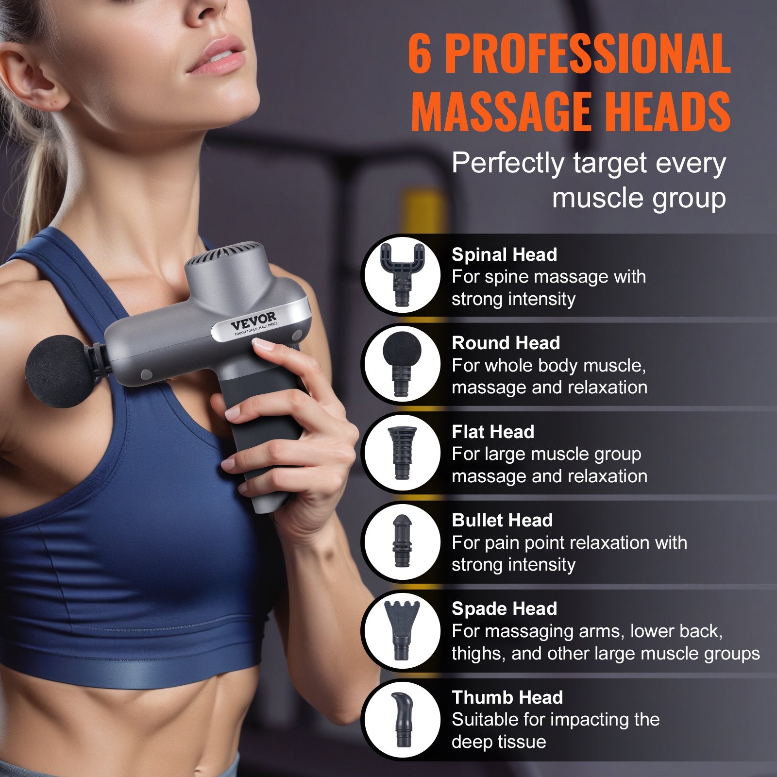 VEVOR Massage Gun Deep Tissue, Percussion Muscle Massager for Athletes - with 5 Speed Levels & 6 Massage Heads, 7.4V 2500mAh Batteries, Handheld Electric Massage Gun for Pain Relief, Muscle Relaxation