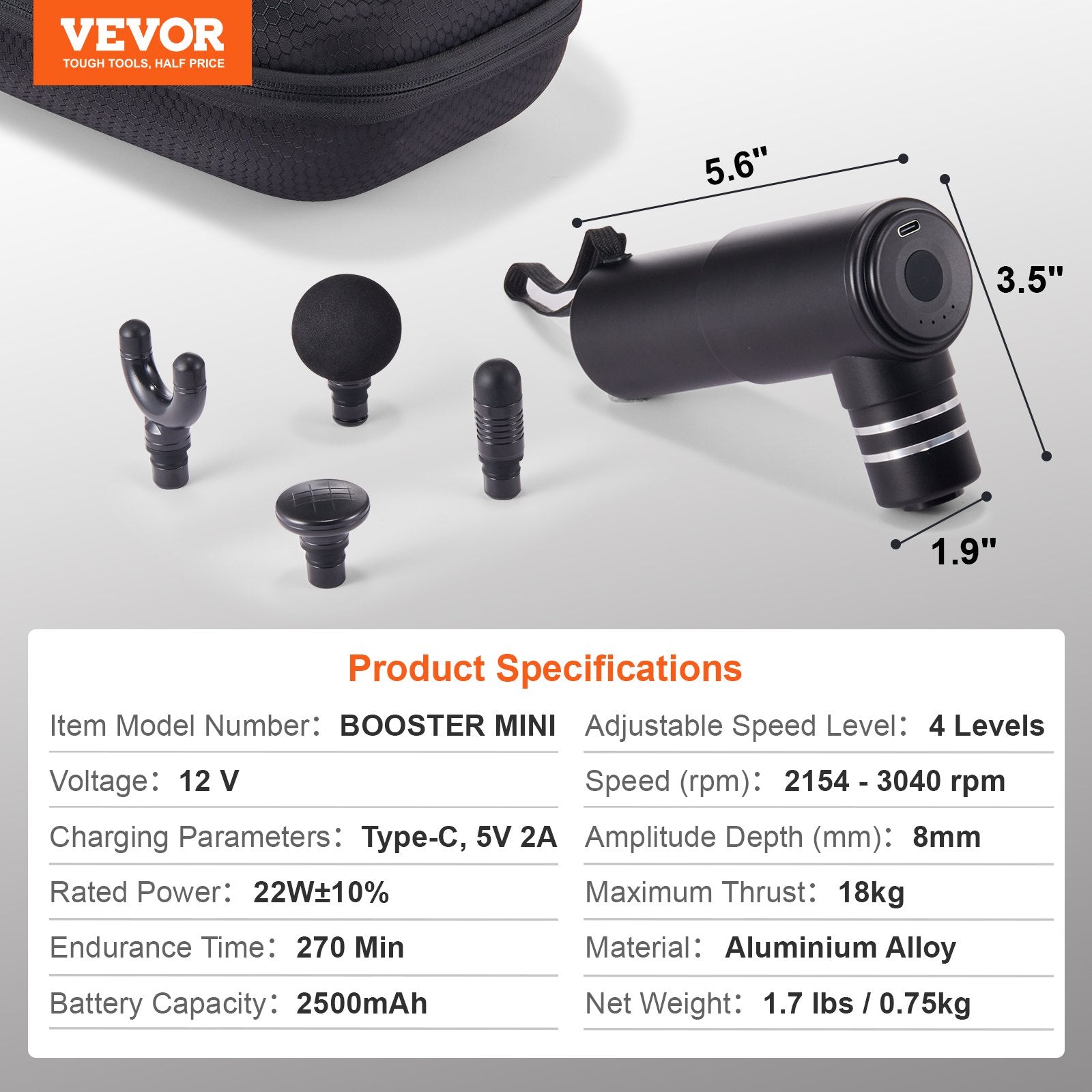 VEVOR Massage Gun Deep Tissue, Percussion Muscle Massager for Athletes - with 4 Speed Levels & 4 Massage Heads, 12V 2500mAh Batteries, Handheld Electric Massage Gun for Pain Relief, Muscle Relaxation
