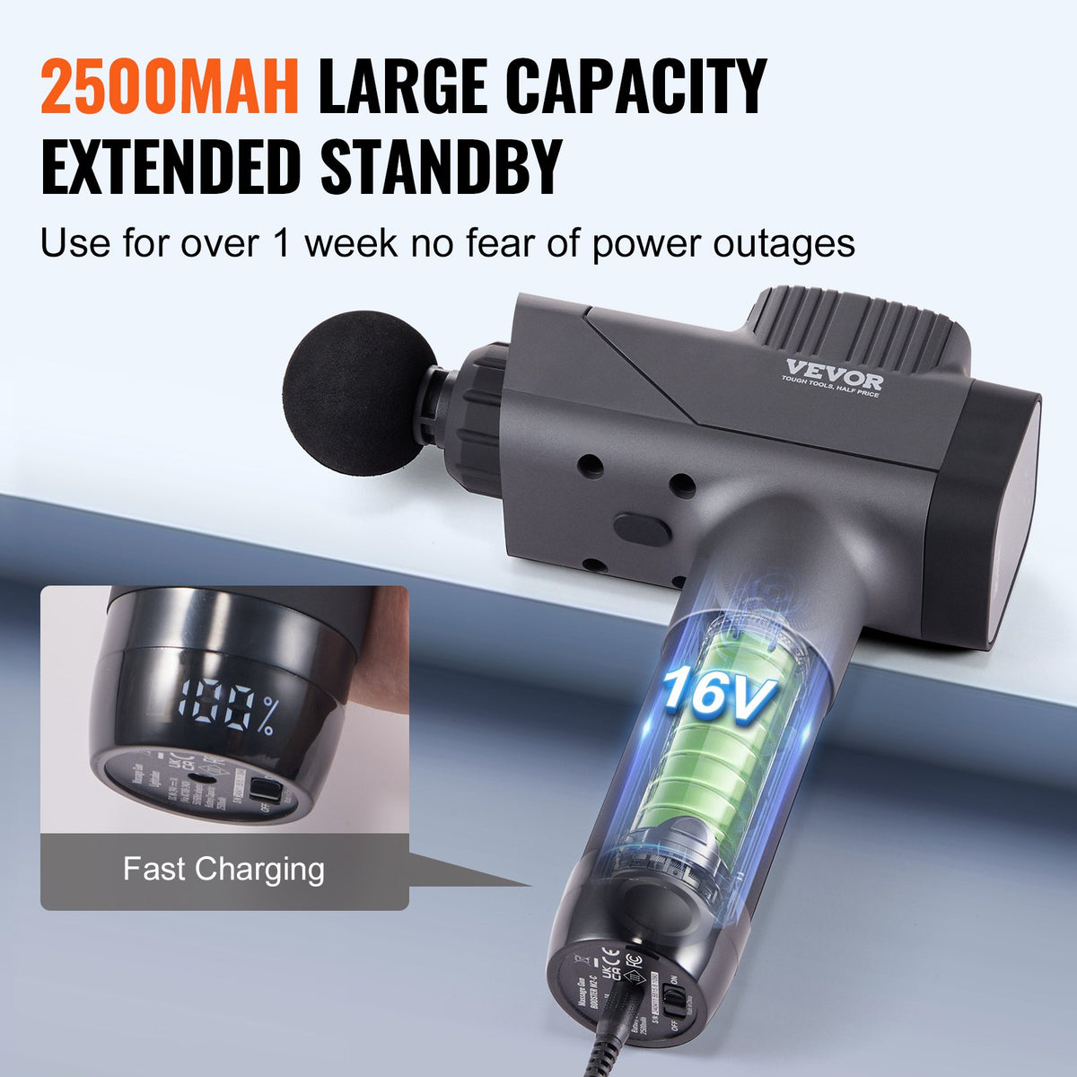 VEVOR Massage Gun Deep Tissue, Percussion Muscle Massager for Athletes - with 8 Speed Levels & 6 Massage Heads, 16V 2500mAh Batteries, Handheld Electric Massage Gun for Pain Relief, Muscle Relaxation