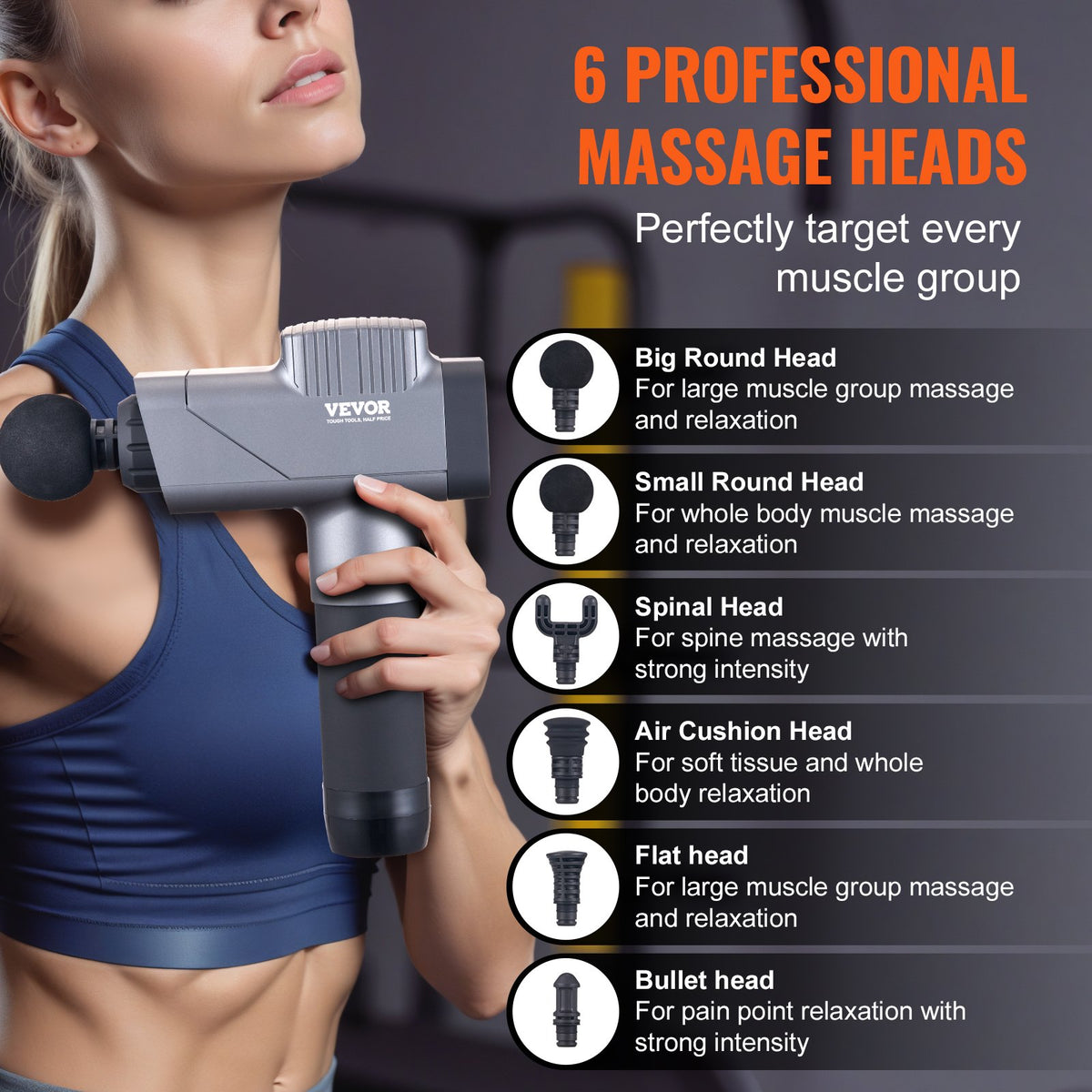 VEVOR Massage Gun Deep Tissue, Percussion Muscle Massager for Athletes - with 8 Speed Levels & 6 Massage Heads, 16V 2500mAh Batteries, Handheld Electric Massage Gun for Pain Relief, Muscle Relaxation