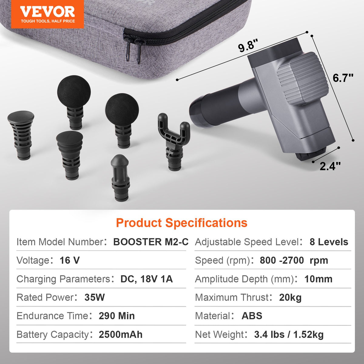 VEVOR Massage Gun Deep Tissue, Percussion Muscle Massager for Athletes - with 8 Speed Levels & 6 Massage Heads, 16V 2500mAh Batteries, Handheld Electric Massage Gun for Pain Relief, Muscle Relaxation