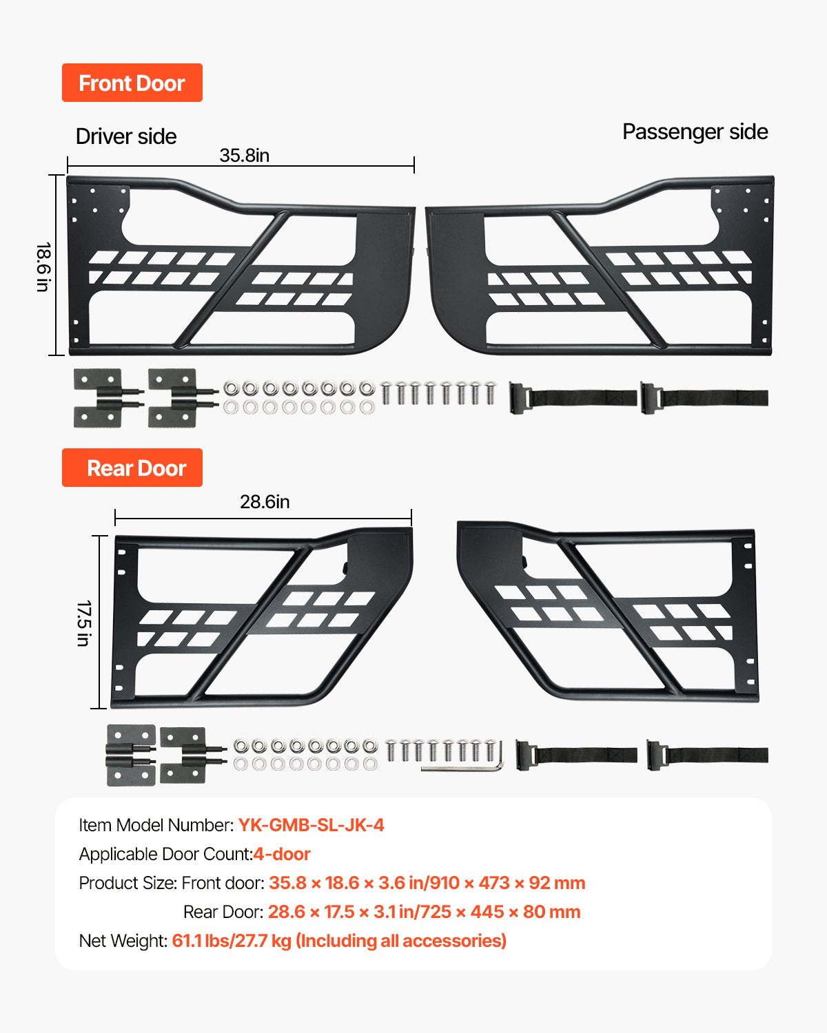 VEVOR Jeep Tube Doors, 4-Door, Hunting Style Jeep Tubular Door with Heavy-Duty Hinges & OE Latch, Jeep Doors with Rubber Pads & Toughened Steel Tube, Fit for 2007-2018 Jeep Wrangler JK