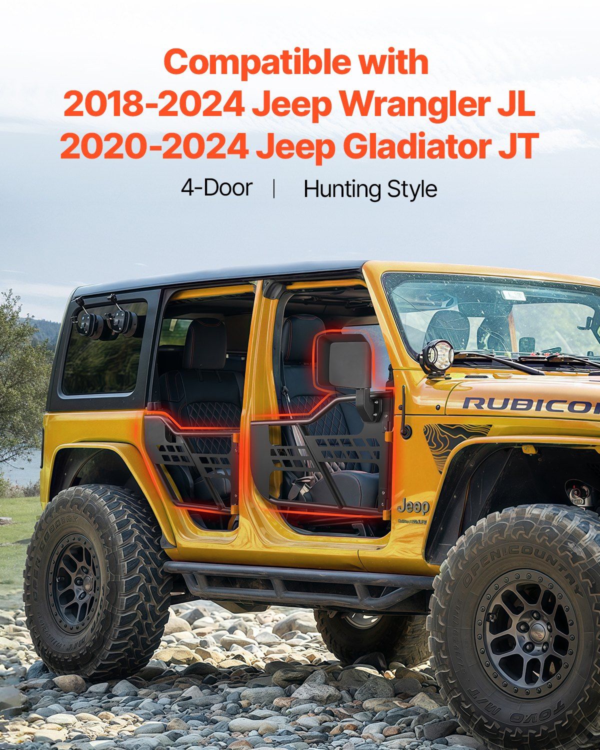 Jeep Tube Doors, 4-Door, Hunting Style Jeep Tubular Door with DOT Certified Rear View Mirrors, Jeep Doors with Rear Mirrors for 2018-2024 Jeep Wrangler JL & 2020-2024 Jeep Gladiator JT