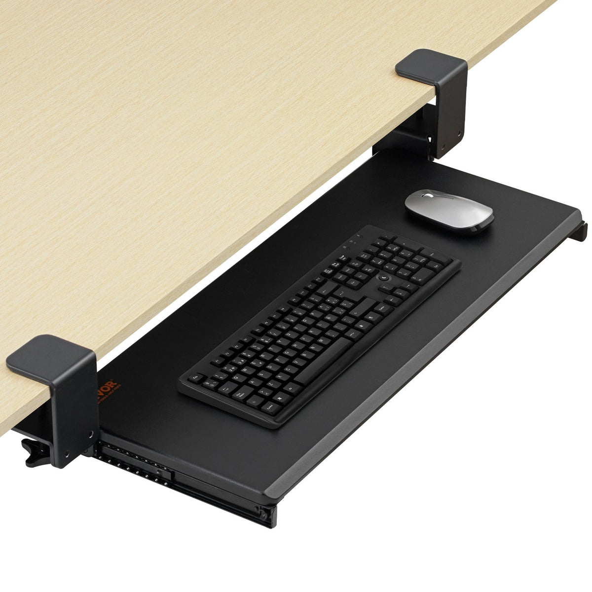 VEVOR Clamp on Keyboard Tray Under Desk, Desk Keyboard Tray Slide out with Sturdy No-drill C Clamp Mount, Large 26.8 x 11 inch Slide-out Computer Drawer for Typing in Home, Office Work