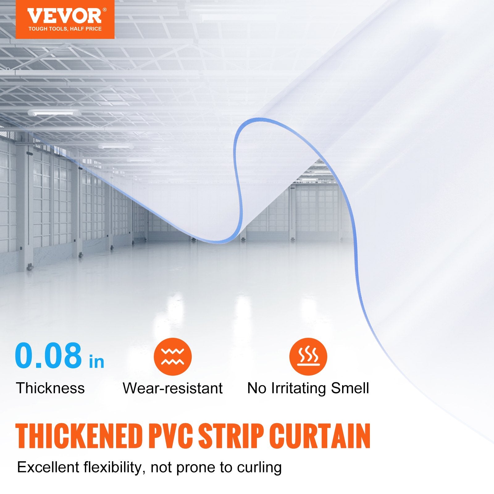 VEVOR Strip Curtain, 150' Length x 8" Width x 0.08" Thickness, Clear PVC Smooth Curtain Strip Door Bulk Roll, Plastic Door Strips for Doorways of Supermarket, Garage, Warehouse, Barn, Pet Animal House