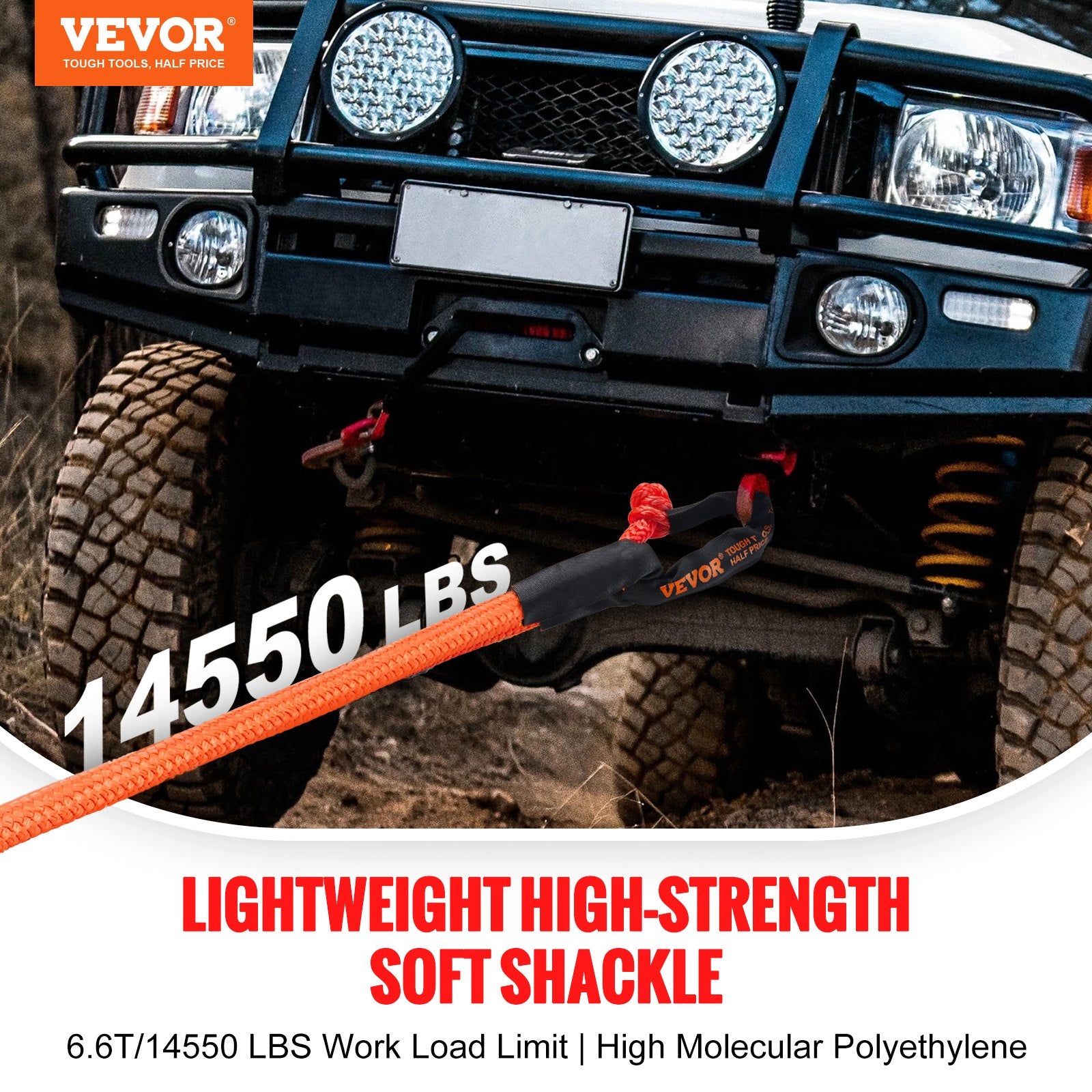 VEVOR Synthetic Soft Shackle Rope, 2 Pack 12.7 x 558.8 mm 20 Ton Breaking Strength Recovery Tow Shackles with Extra 2 Sleeves and Storage Bag for UTV, ATV, Trucks, Jeep, Off-Road Vehicles Towing, Red