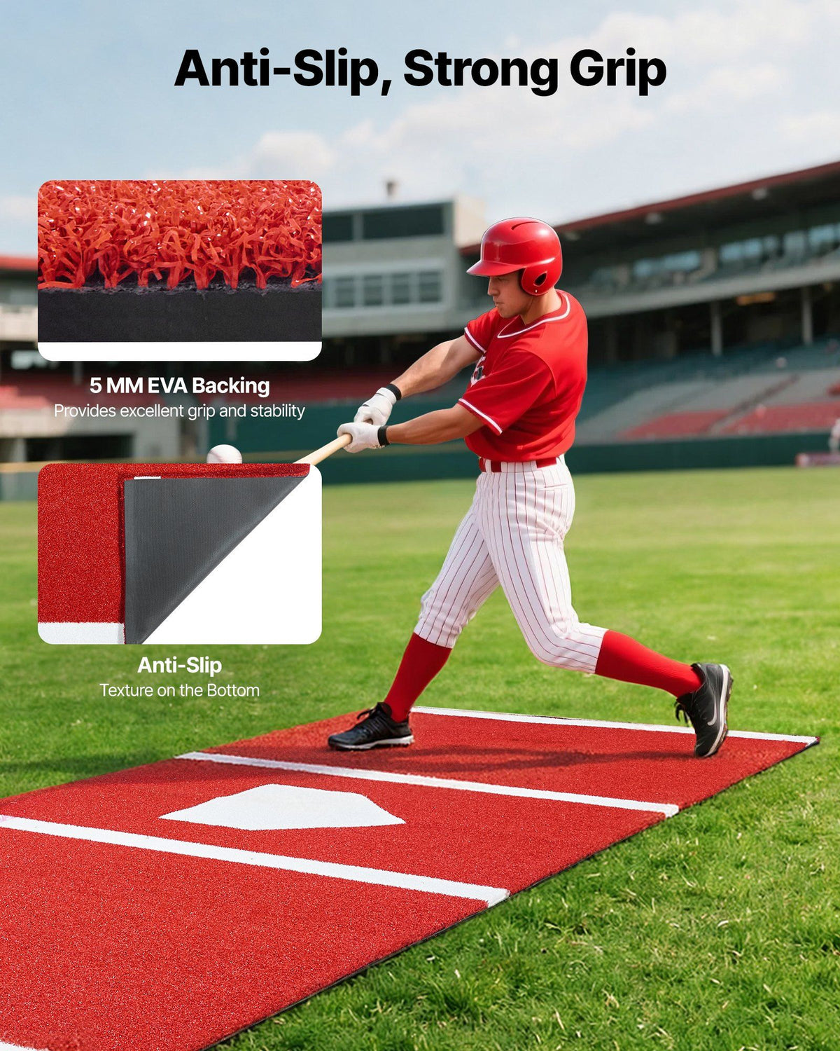 Baseball Hitting Mat, 300x116cm Batting Cage Mat, Batters Box Turf Mats, Softball Batting Practice Equipment with Home Plate and Anti Fade Turf, Portable Training Aid for Indoor Outdoor, Red
