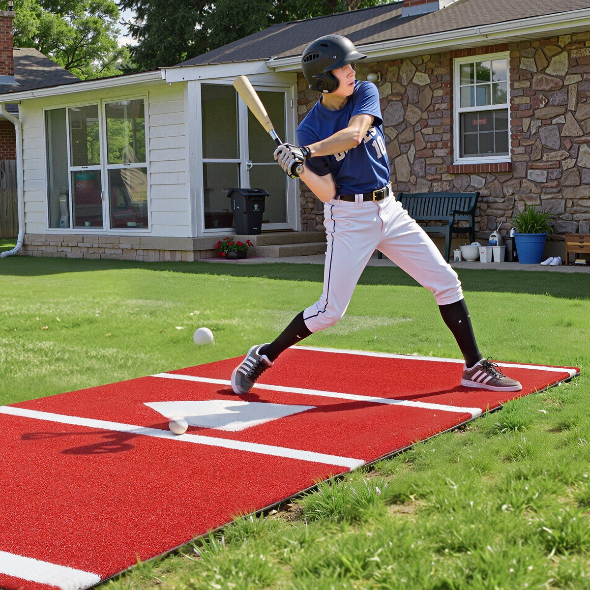 Baseball Hitting Mat, 300x116cm Batting Cage Mat, Batters Box Turf Mats, Softball Batting Practice Equipment with Home Plate and Anti Fade Turf, Portable Training Aid for Indoor Outdoor, Red
