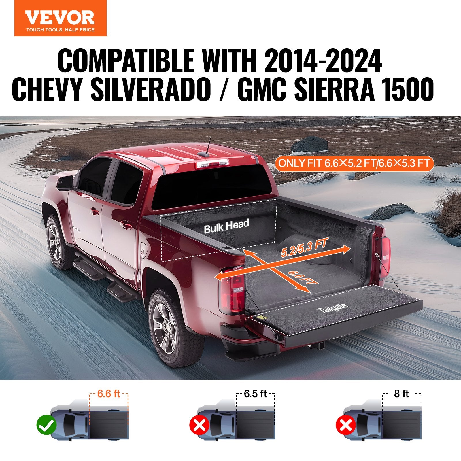 VEVOR Truck Bed Cover, Roll Up Truck Bed Tonneau Cover, Compatible with 2014-2024 Chevy Silverado / GMC Sierra 1500, for 2m x 1.6m / 2m x 1.6m Bed, Soft PVC material, Roll Up Tonneau Cover