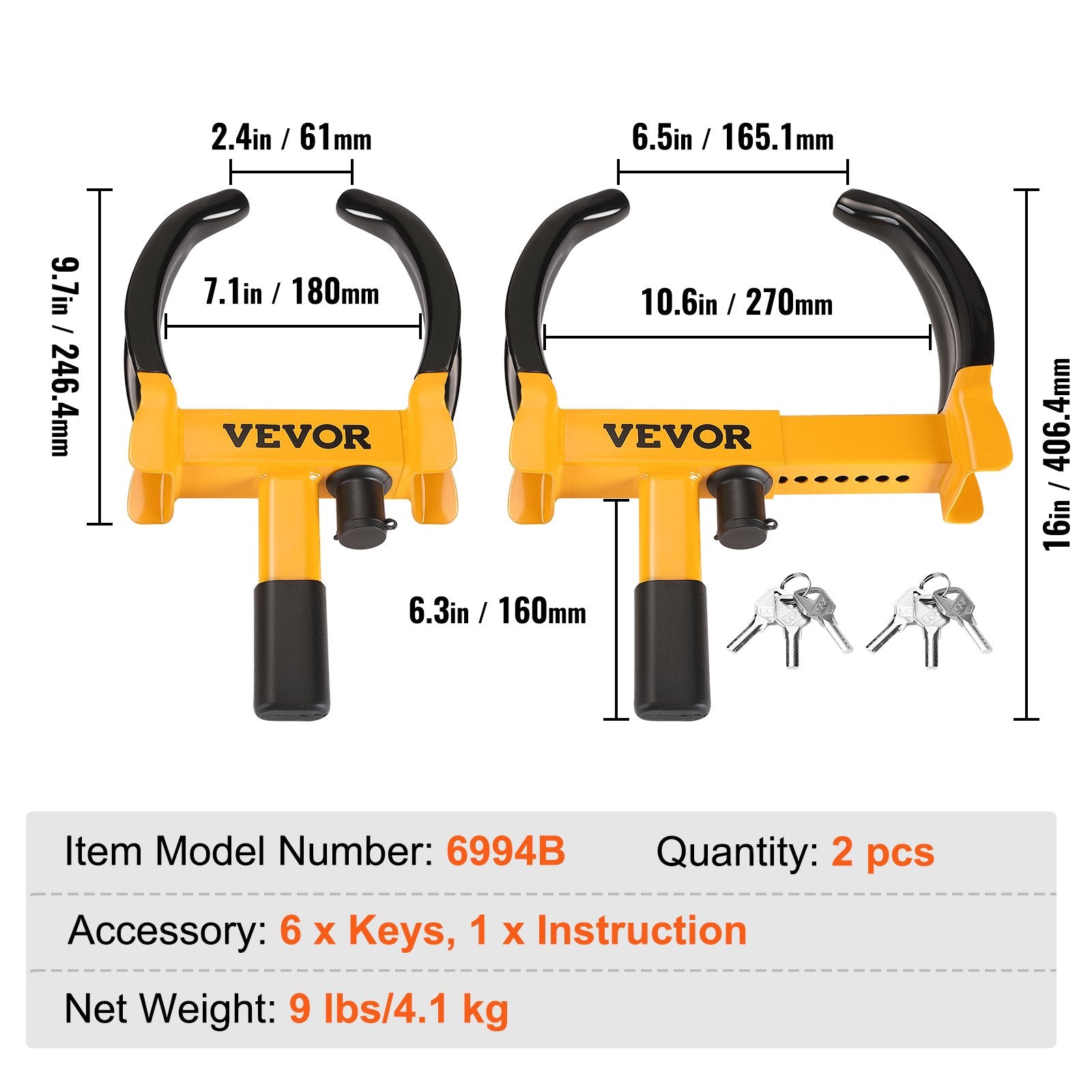 VEVOR Wheel Lock, 2 Packs Universal Wheel Clamp Lock, Adjustable Anti Theft Trailer Lock Wheel Clamp, Heavy-duty Steel Tire Lock for ATV RV SUV Car Golf Cart Boats Motorcycles, with 6 Keys