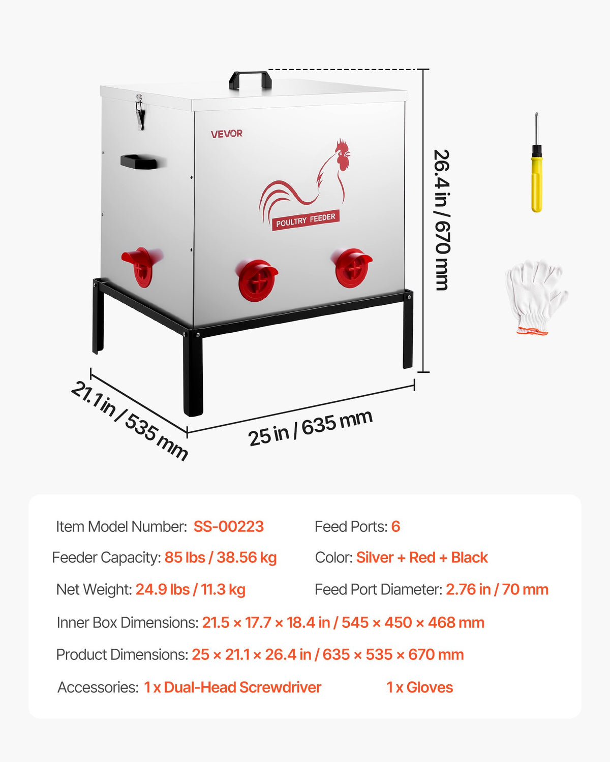 VEVOR Automatic Chicken Feeder, 38.56 kg Capacity, 6 Feeding Ports No-Waste Poultry Feeder with Built-In Divider, with Latch & Handle, Metal Construction, for Chickens Bantams Pheasants Poultry Coop