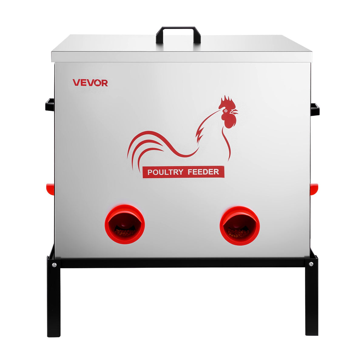 VEVOR Automatic Chicken Feeder, 38.56 kg Capacity, 6 Feeding Ports No-Waste Poultry Feeder with Built-In Divider, with Latch & Handle, Metal Construction, for Chickens Bantams Pheasants Poultry Coop