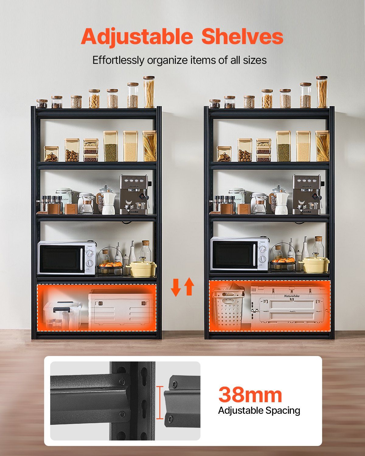 Storage Shelves, 2000 lbs, 5 Tier Garage Storage Shelving, 18" D x 40" W x 72" H Adjustable Metal Shelves for Garage Shelves Utility Rack Shelf, Ideal for Kitchen, Warehouse, Basement, Black