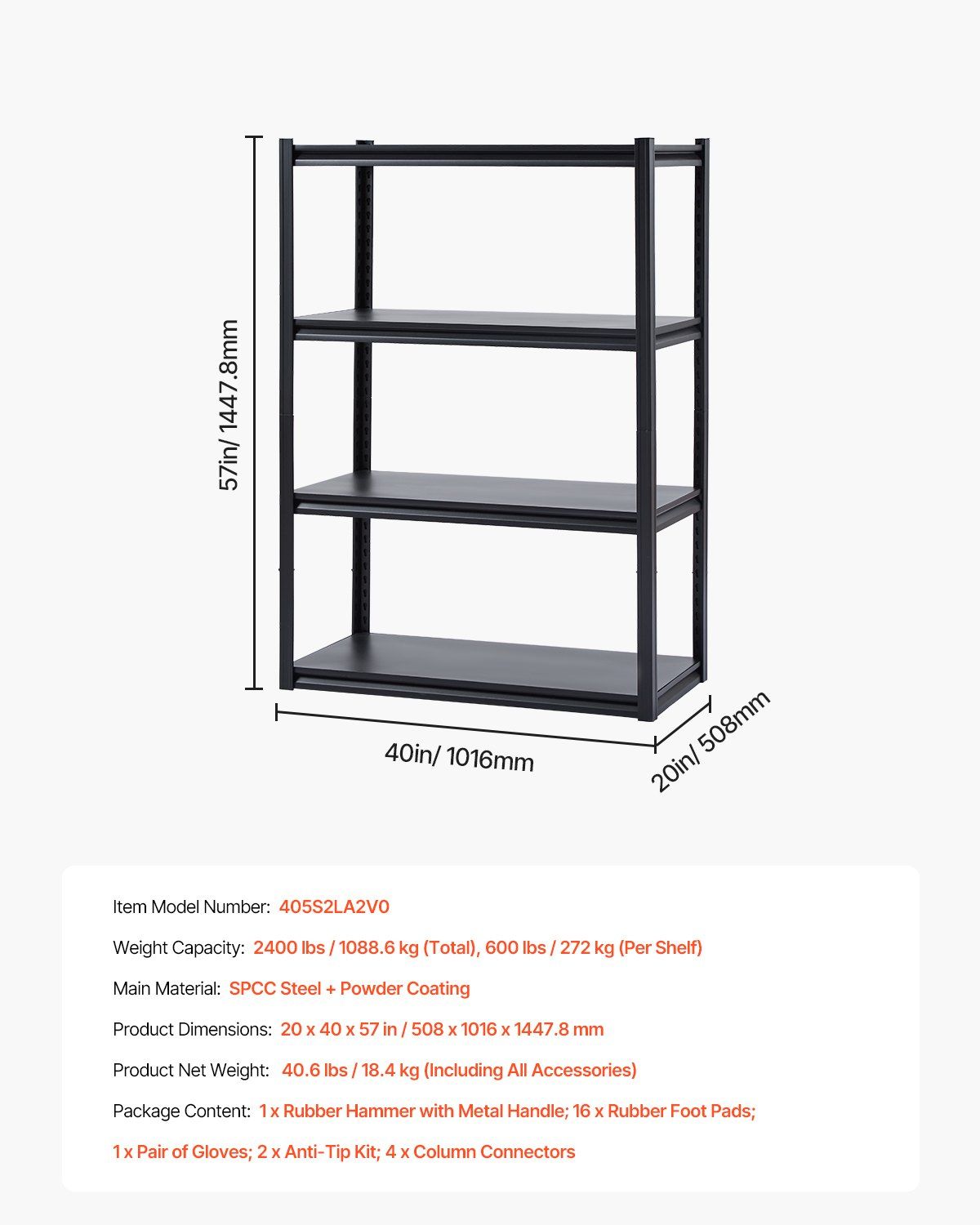Storage Shelves, 2400 lbs, 4 Tier Garage Storage Shelving, 20" D x 40" W x 57" H Adjustable Metal Shelves for Garage Shelves Utility Rack Shelf, Ideal for Kitchen, Warehouse, Basement, Black