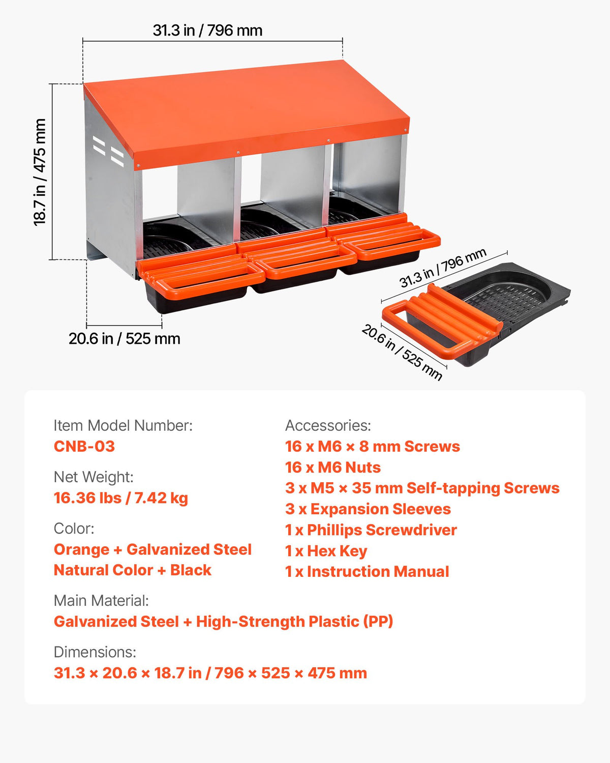 VEVOR Chicken Nest Box, 3-Compartment, 15 to 30 in Stable & Corrosion-Resistant Metal Nesting Boxes with Inclined Nesting Boxes, Bottom Holes & Resting Platform, Fit for Different Chicken Breeds