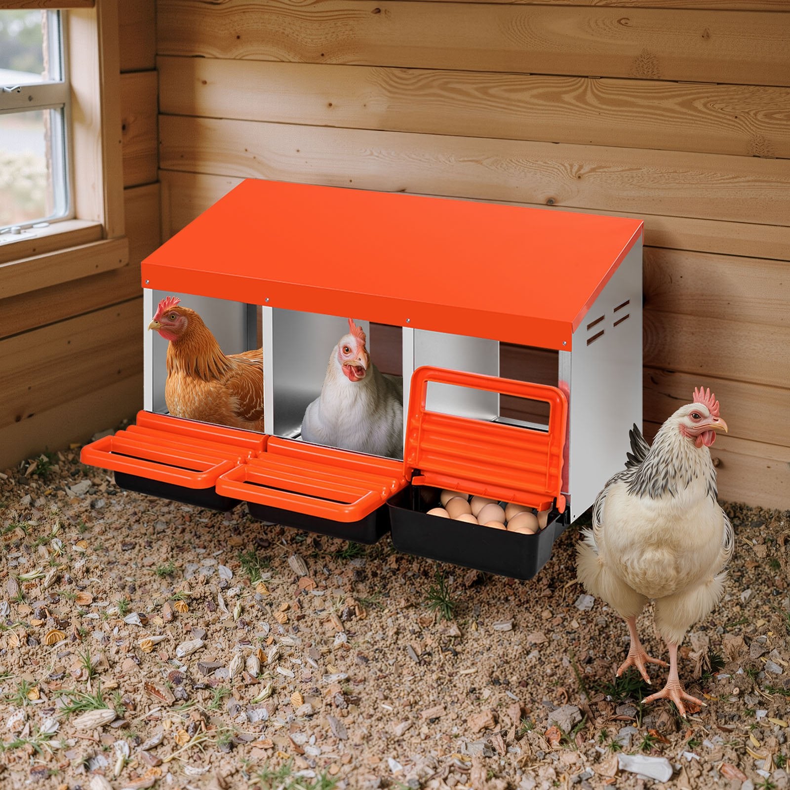 VEVOR Chicken Nest Box, 3-Compartment, 15 to 30 in Stable & Corrosion-Resistant Metal Nesting Boxes with Inclined Nesting Boxes, Bottom Holes & Resting Platform, Fit for Different Chicken Breeds