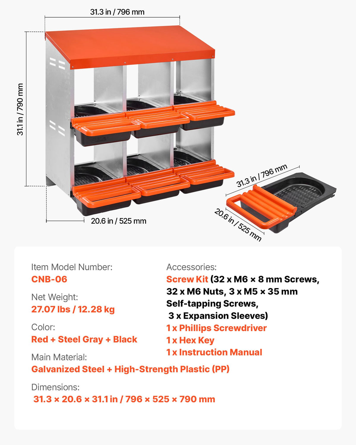 VEVOR 2 Tiers Chicken Nesting Boxes, 6 Compartments, Metal Egg Laying Boxes with Protective Collection Lids, Roll Out Nesting Box, Easy to Assemble, Ideal for Hens, Ducks, Chickens, and Other Poultry