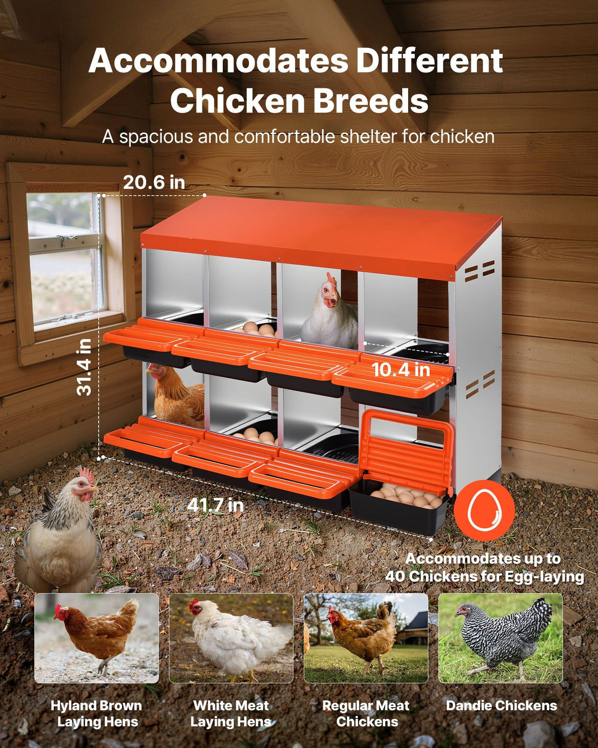 2 Tiers Chicken Nesting Boxes, 8 Compartments, Metal Egg Laying Boxes with Protective Collection Lids, Roll Out Nesting Box, Easy to Assemble, Ideal for Hens, Ducks, Chickens, and Other Poultry