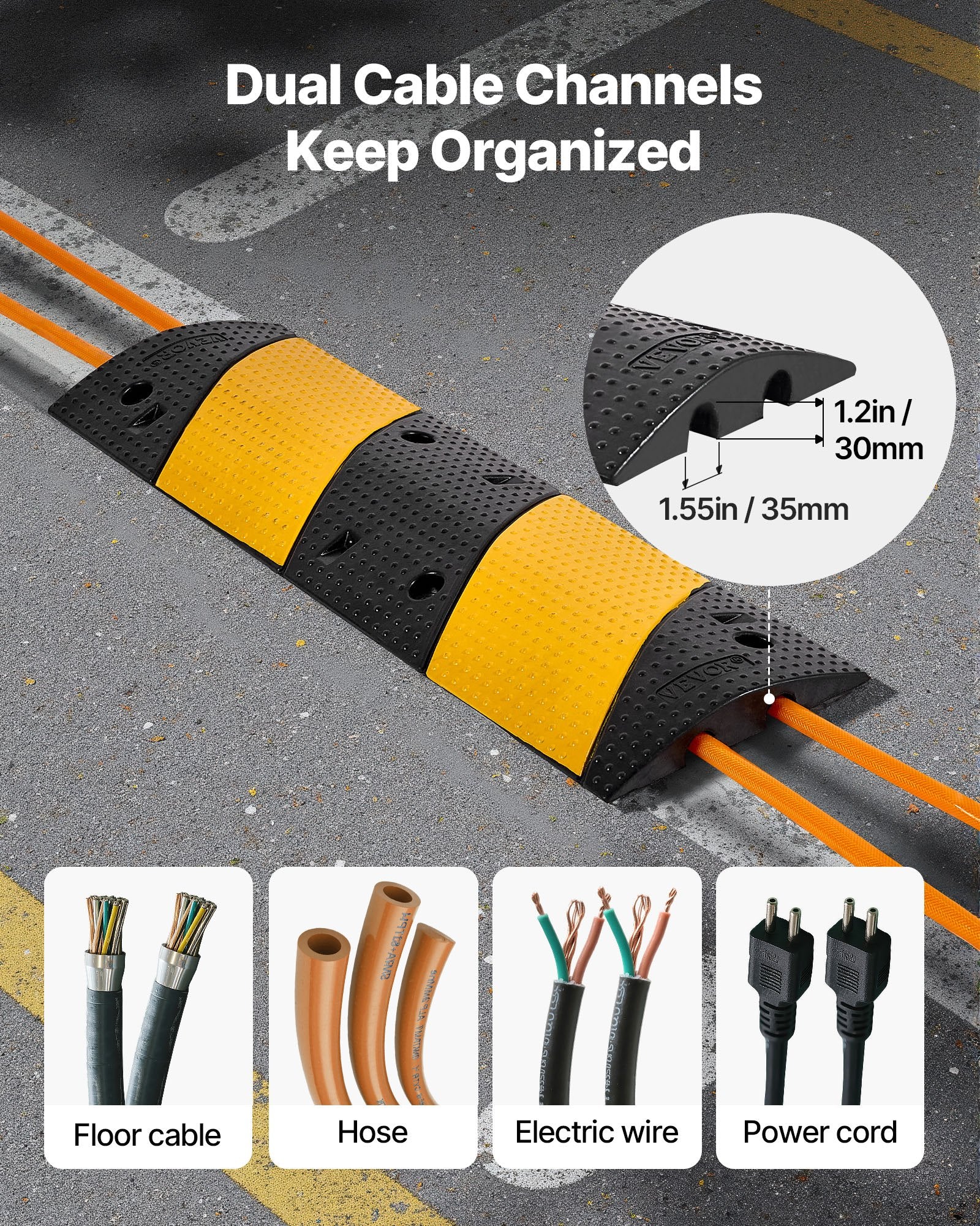 VEVOR 1000MM Rubber Speed Bump, 2 Pack, 2 Channel Heavy Duty Traffic Speed Hump, 9,979 kg/Axle Load Capacity, Cable Protector Ramp with Expansion Screws, for Asphalt Concrete Gravel Driveway and Road