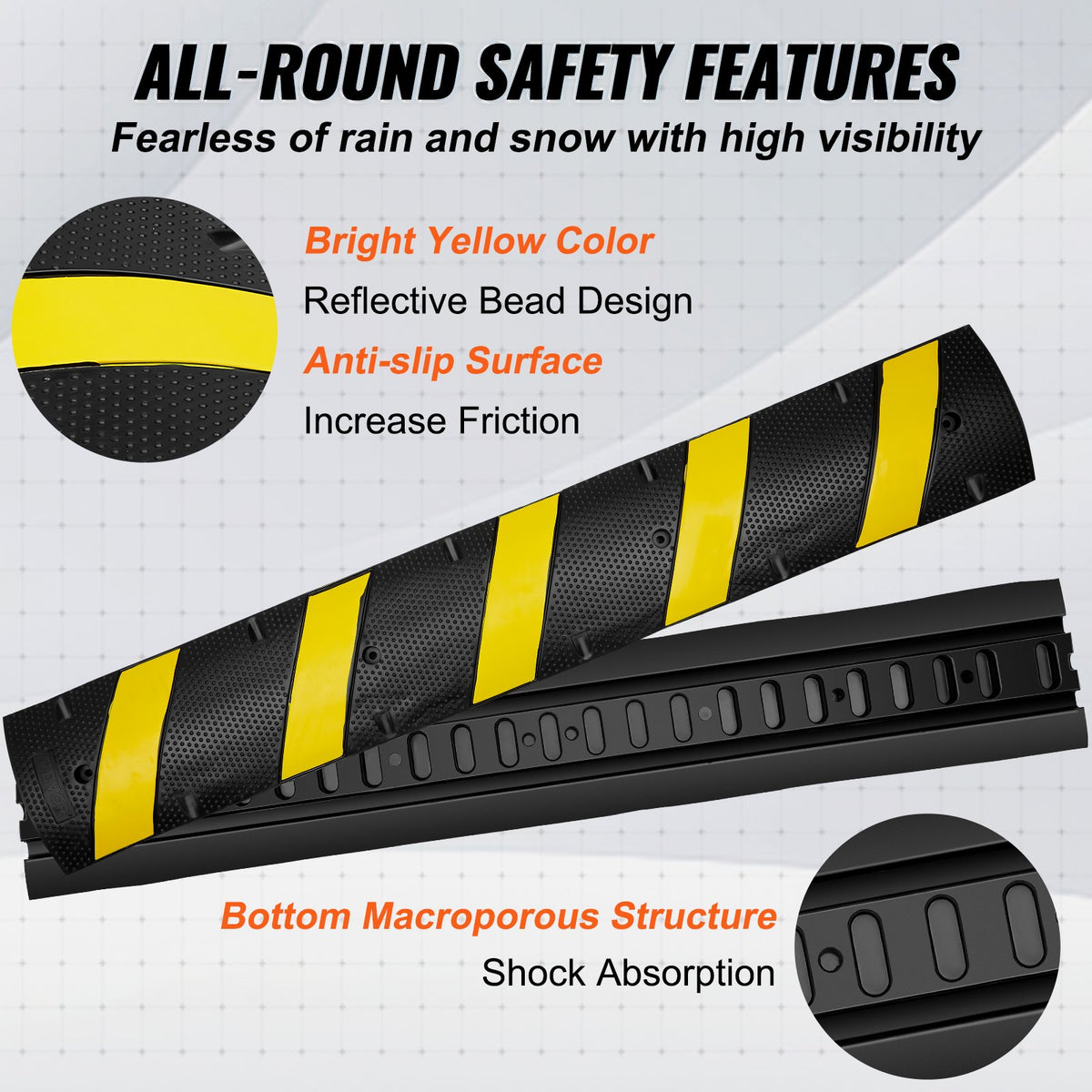 VEVOR 6 ft Rubber Speed Hump, 2 Channel, 10000 kg/axle Load Capacity Heavy Duty Traffic Speed Bump, with High Reflective Yellow Strip 4 Expansion Screws and 1 Drill, for Asphalt Concrete Gravel Roads
