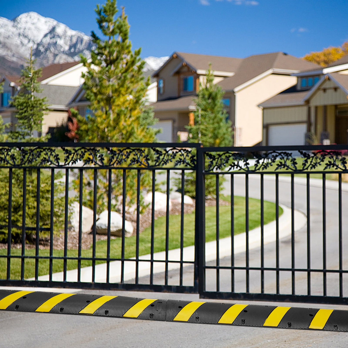 VEVOR 6 ft Rubber Speed Hump, 2 Channel, 10000 kg/axle Load Capacity Heavy Duty Traffic Speed Bump, with High Reflective Yellow Strip 4 Expansion Screws and 1 Drill, for Asphalt Concrete Gravel Roads