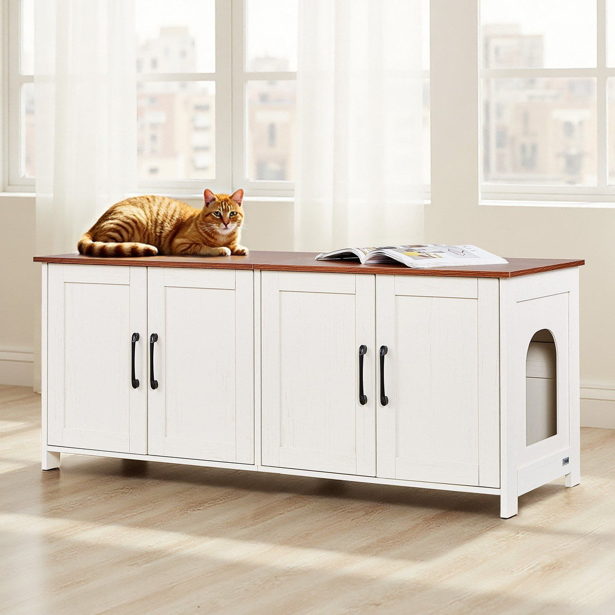 Cat Litter Box Enclosure for Multi Cats, 120 cm Hidden Litter Box Cabinet with 4 Doors & 2 Entries, Indoor Cat Washroom, Wooden Kitty House Furniture, Fit Most Litterboxes, Brown & White