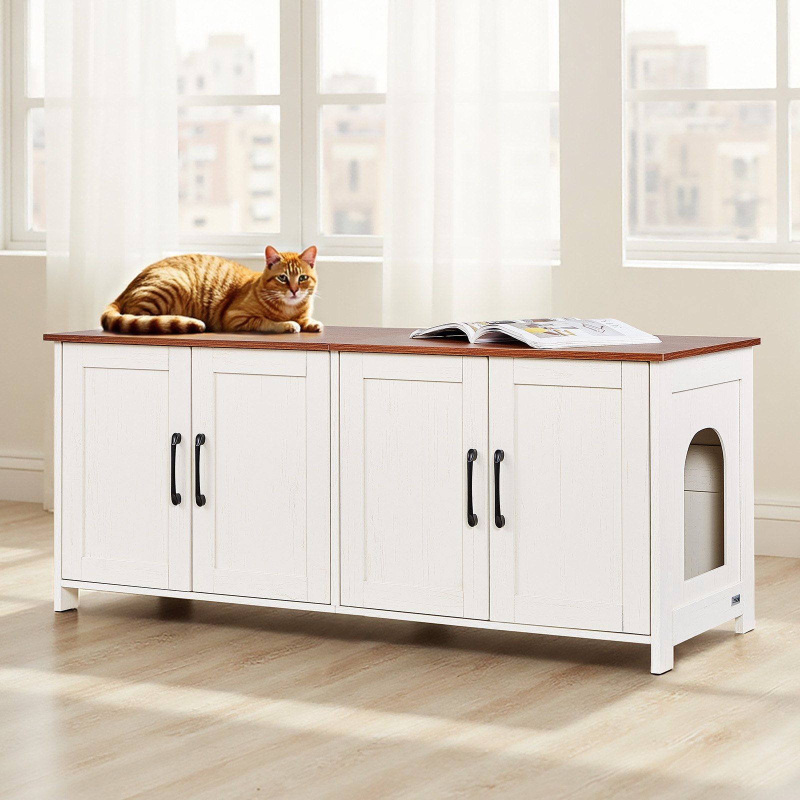 Cat Litter Box Enclosure for Multi Cats, 120 cm Hidden Litter Box Cabinet with 4 Doors & 2 Entries, Indoor Cat Washroom, Wooden Kitty House Furniture, Fit Most Litterboxes, Brown & White