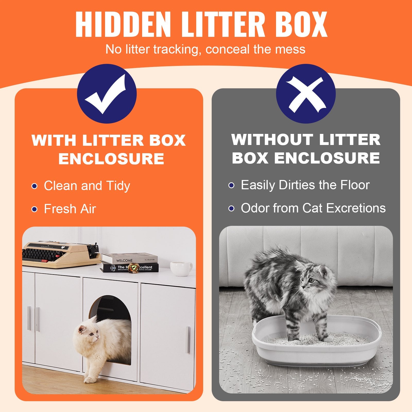 VEVOR Cat Litter Box Enclosure Wooden Litter Box Furniture Hidden 57.9" White