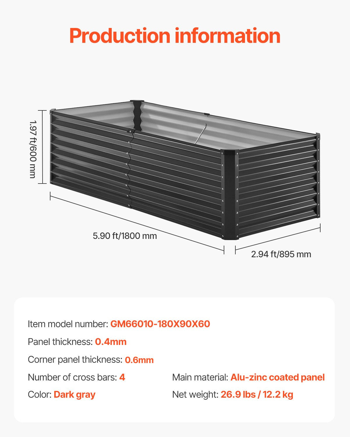 VEVOR Metal Raised Garden Bed, 6 x 3 x 2 ft Outdoor Galvanized Planter Box, with Open Bottom, Large Planter Raised Bed for Gardening Vegetables, Flowers, Herbs, and Succulent Plants, Dark Gray