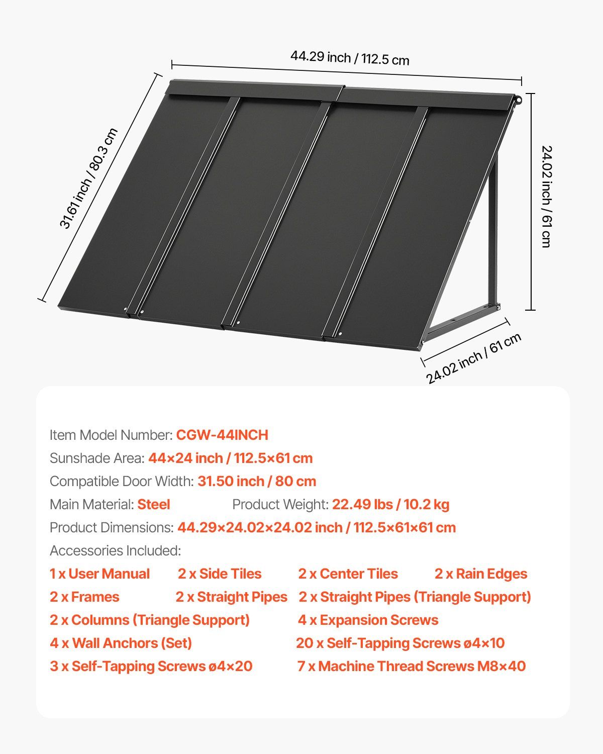 Fixed Metal Awning 1125 × 610 mm, Window Awning Door Canopy, Stable Triangle Steel Frame Awnings for Doors Exterior Rain, and Snow Sunlight Protection for Door Entrance, Windows, Porches, Balconies