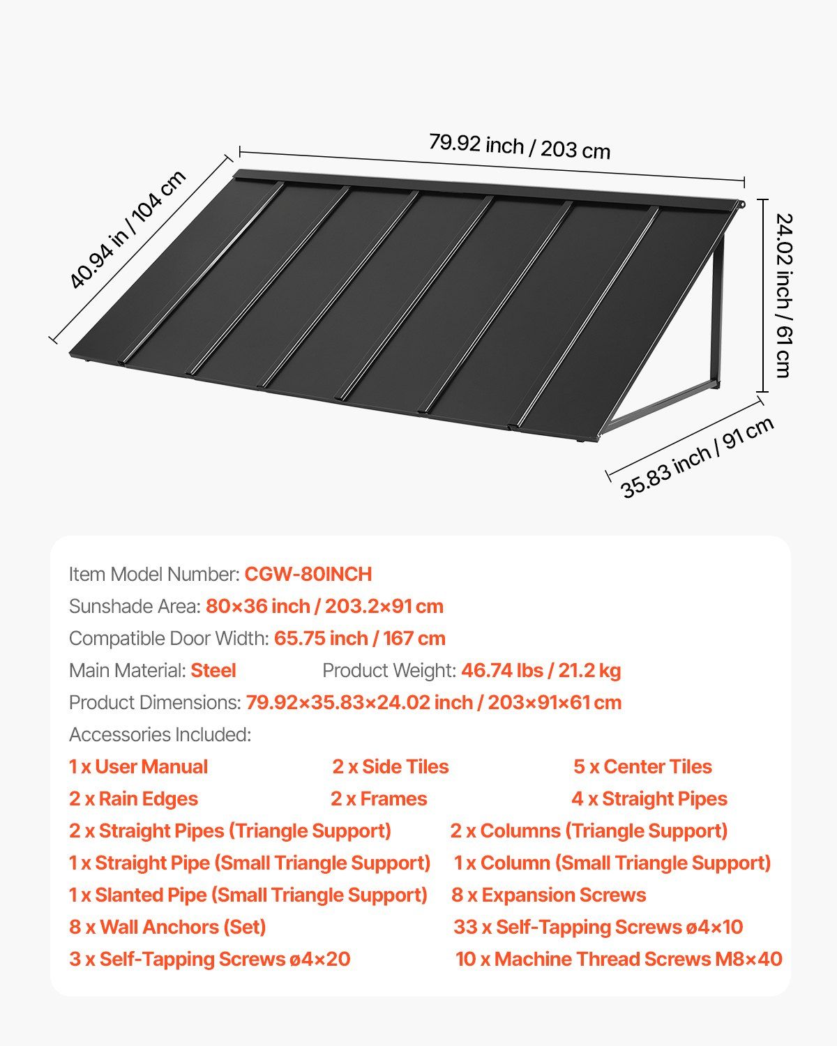 Fixed Metal Awning 2032 × 910 mm, Window Awning Door Canopy, Stable Triangle Steel Frame Exterior Awnings Rain, and Snow Sunlight Protection for Door Entrance, Windows, Porches, Balconies