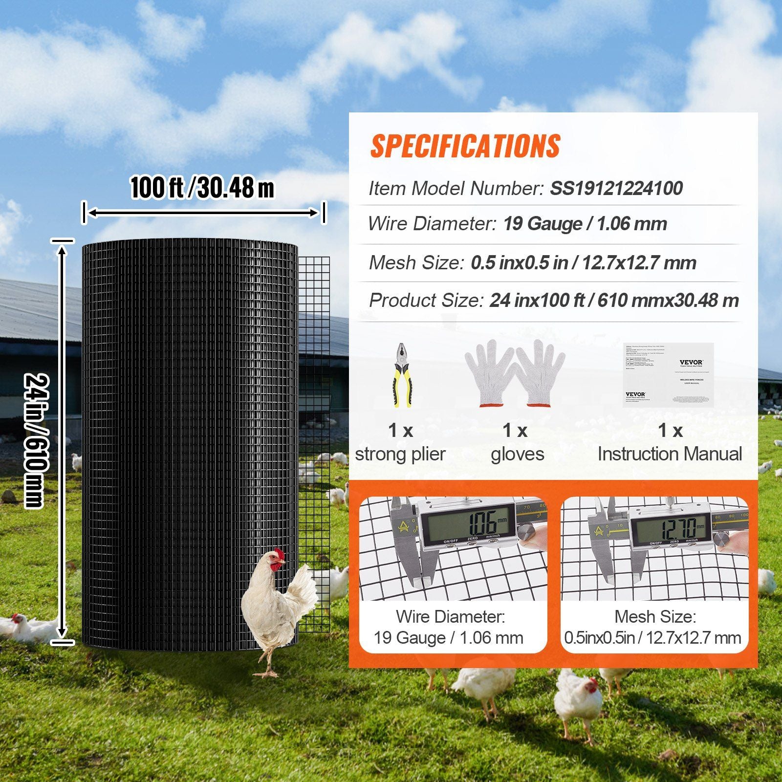 Hardware Cloth, 24'' x 100' Galvanized Wire Mesh Roll, 19 Gauge Chicken Wire Fence Roll, Vinyl Coating Metal Wire Mesh for Chicken Coop Barrier, Rabbit Snake Fences, Poultry Enclosures