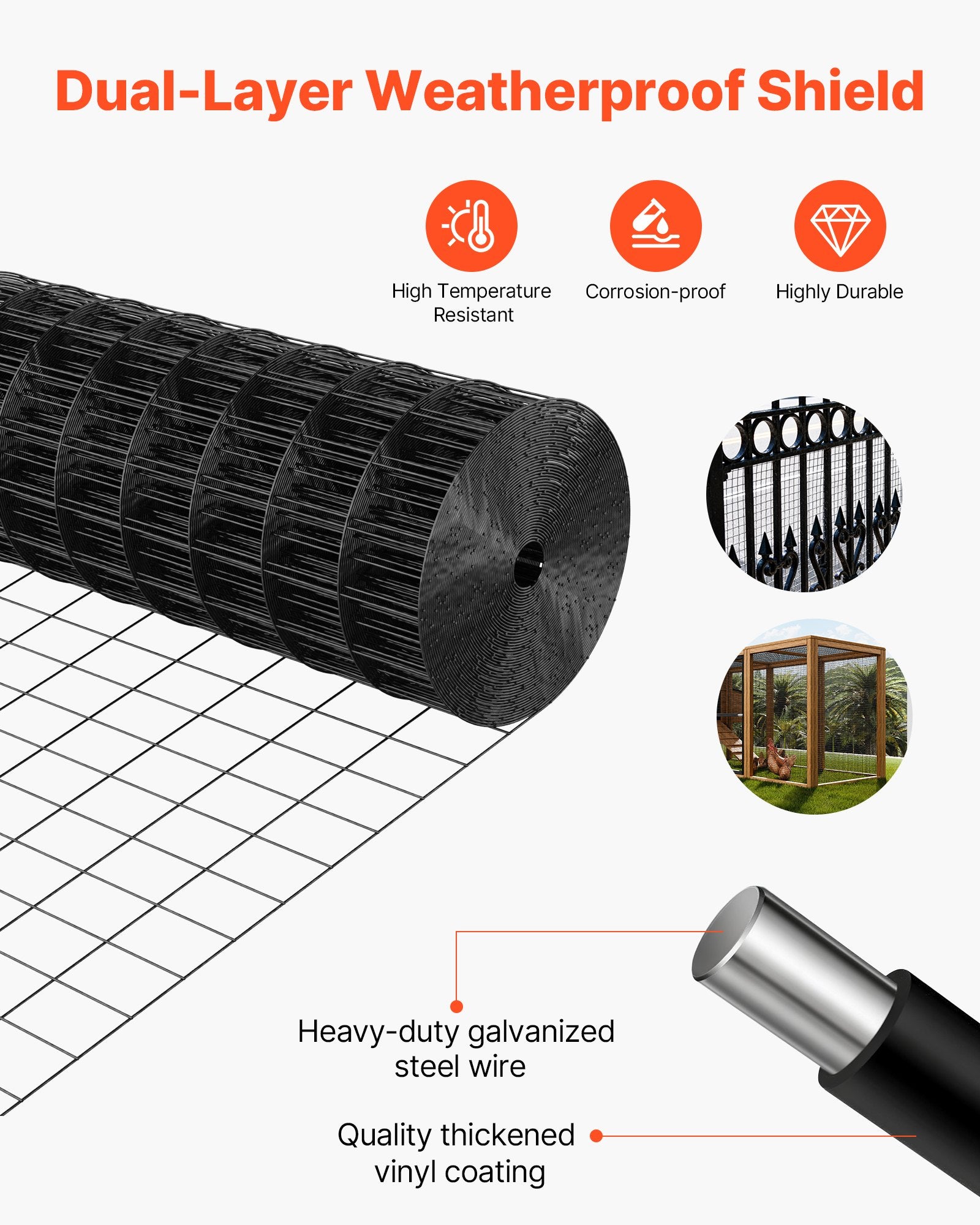 VEVOR Hardware Cloth 61cm x 7.62m, 2 x 3 in Mesh 16 Gauge Galvanized Wire Mesh Roll, Weather-Resistant Vinyl Coated Chicken Wire Fencing, Heavy Duty Welded Garden Plant Fencing for Rabbit Cage Snake