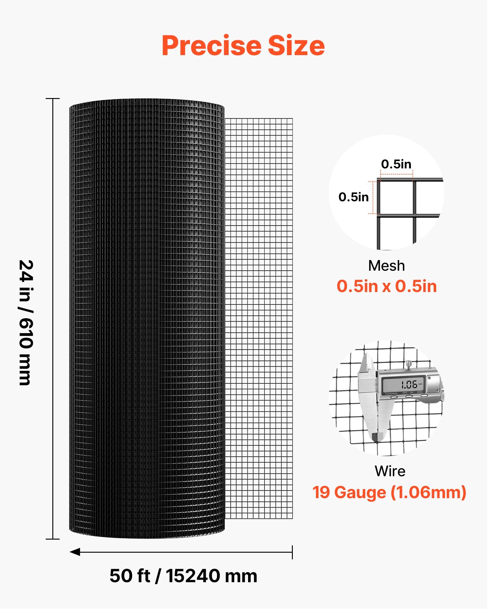 VEVOR Hardware Cloth 61cm x 15.2m, 1/2 in 19 Gauge Galvanized Wire Mesh Roll, Weather-Resistant Vinyl Coated Chicken Wire Fencing, Heavy Duty Welded Garden Plant Fencing for Rabbit Cage Snake Fence