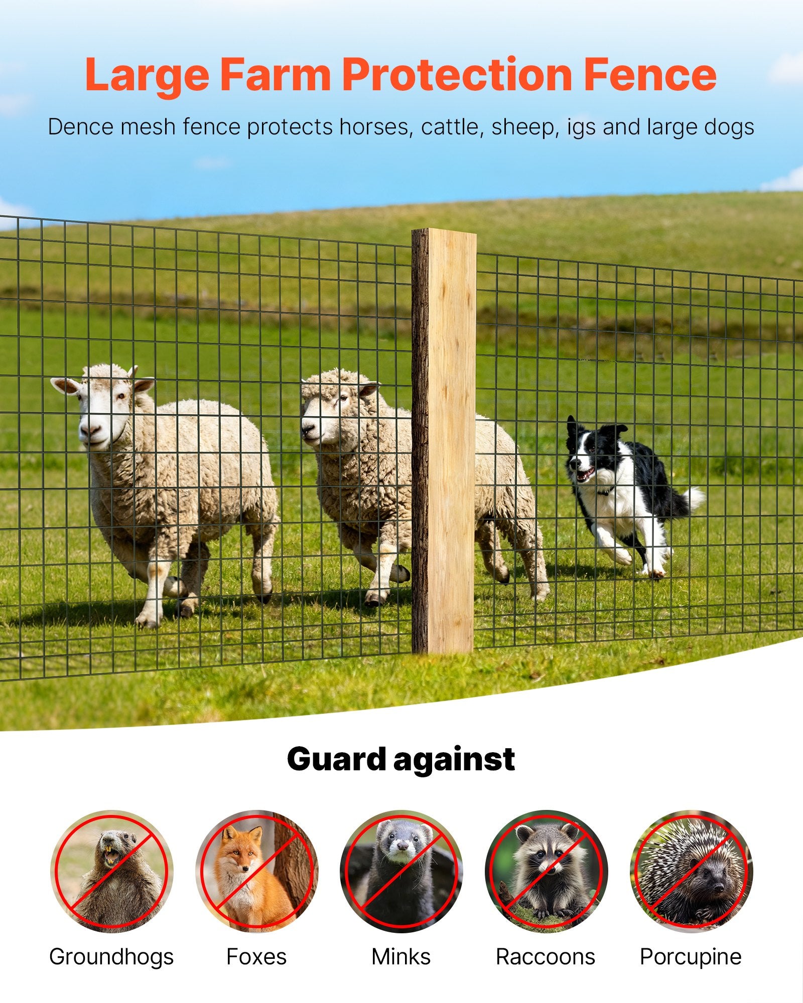 VEVOR Farm Fence,  122cm x 15.2m, 2 x 4 in Mesh 14 Gauge Galvanized Steel Wire Fencing for Cattle, Hog & Sheep , Heavy Duty Vinyl Coated Livestock Fence for Animal Enclosures, Cage Wire, Garden Fences