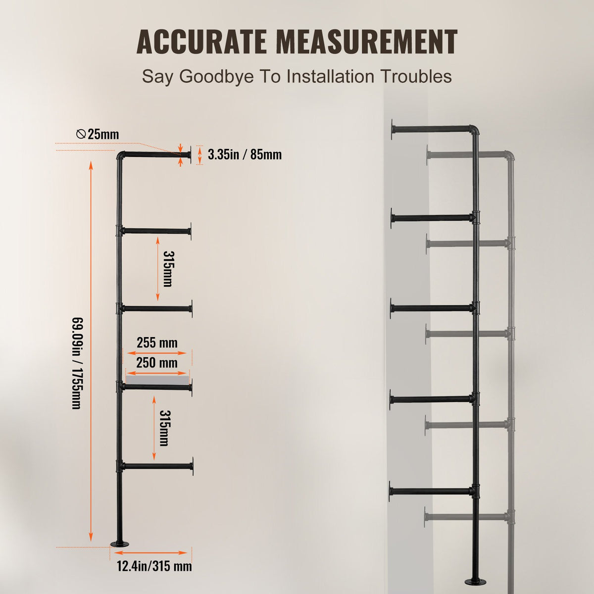 VEVOR Industrial Pipe Shelf, 5 Tier 2PCS, 9.84in Applicable Board Width Wall-Mount Floating Rustic Wood Shelves Bracket Bookshelf,Storage Holder for Kitchen Bedroom Bathroom, (Planks NOT Included)