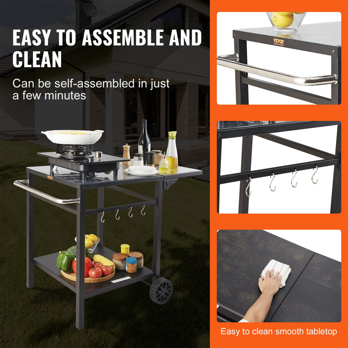 VEVOR Outdoor Grill Dining Cart with Double-Shelf, 55*55cm BBQ Movable Food Prep Table, Multifunctional Foldable Iron Table Top, Portable Modular Carts for Pizza Oven, Worktable with 2 Wheels, Carry Handle
