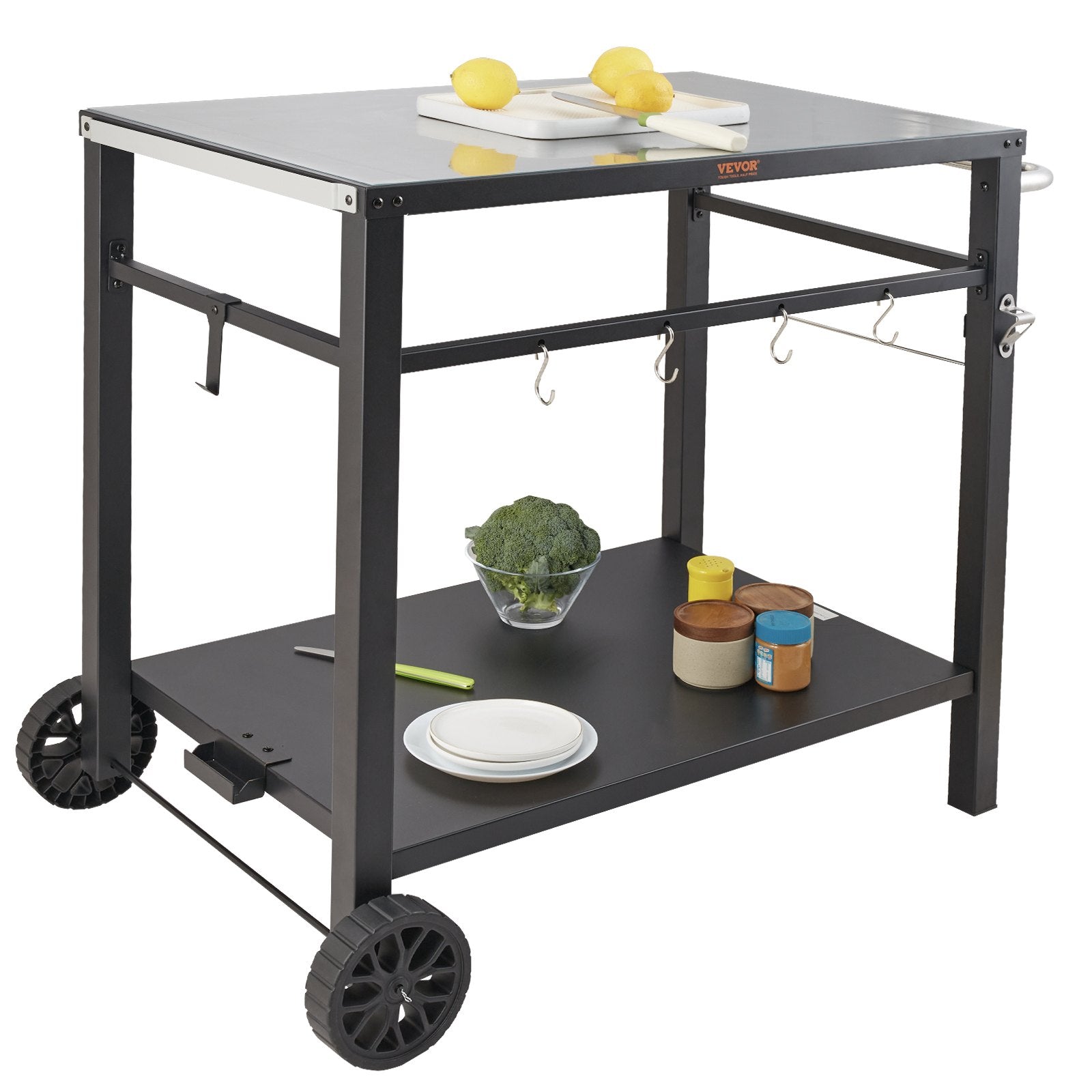 VEVOR Outdoor Grill Dining Cart with Double-Shelf,  85*55cm BBQ Movable Food Prep Table, Multifunctional Iron Table Top, Portable Modular Carts for Pizza Oven, Worktable with 2 Wheels, Carry Handle, Black
