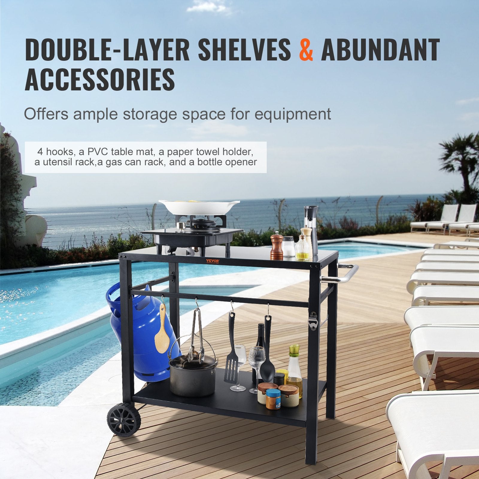 VEVOR Outdoor Grill Dining Cart with Double-Shelf,  85*55cm BBQ Movable Food Prep Table, Multifunctional Iron Table Top, Portable Modular Carts for Pizza Oven, Worktable with 2 Wheels, Carry Handle, Black