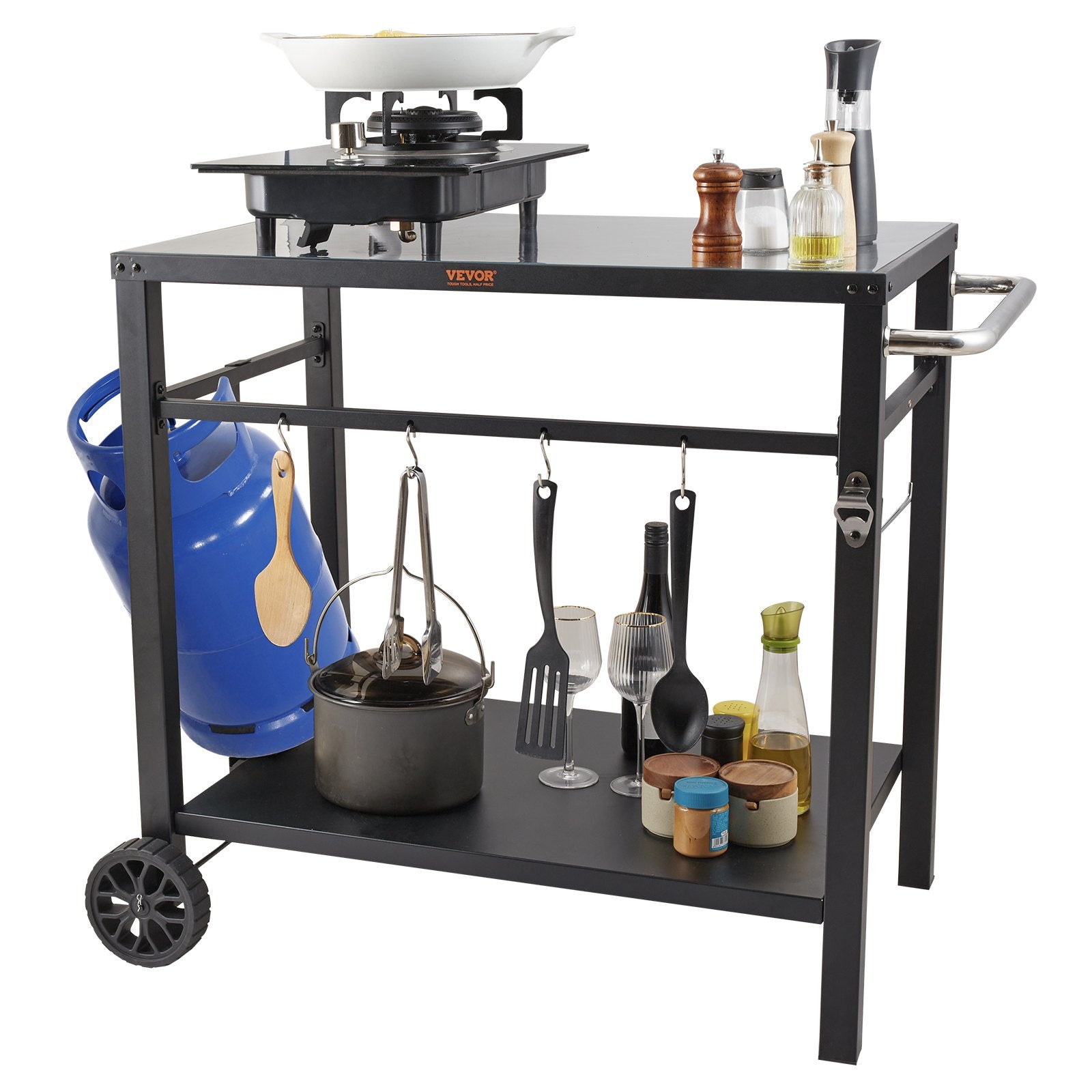 VEVOR Outdoor Grill Dining Cart with Double-Shelf,  85*55cm BBQ Movable Food Prep Table, Multifunctional Iron Table Top, Portable Modular Carts for Pizza Oven, Worktable with 2 Wheels, Carry Handle, Black