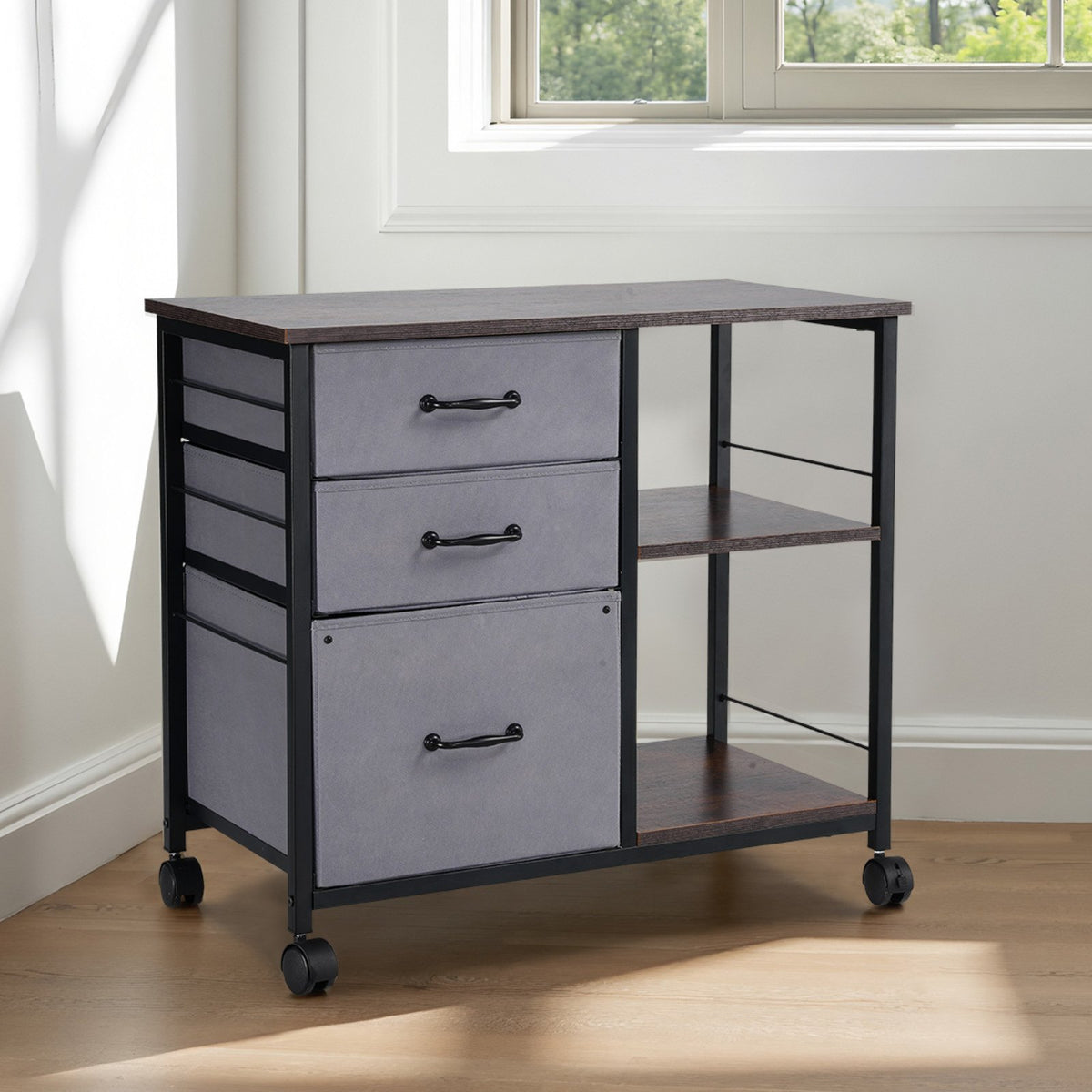 VEVOR Mobile Metal File Cabinet with 3 Fabric Drawers and 2 Open Shelves Brown