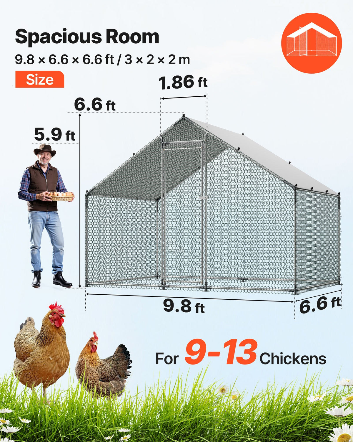 VEVOR Metal Chicken Coop, 9.8x6.5x6.5ft Large Walk-in Chicken Runs with Cover, Spire Roof Hen House Enclosure with Security Lock, Outdoor Duck Rabbit Cage Poultry Pen for Backyard, Farm, Yard