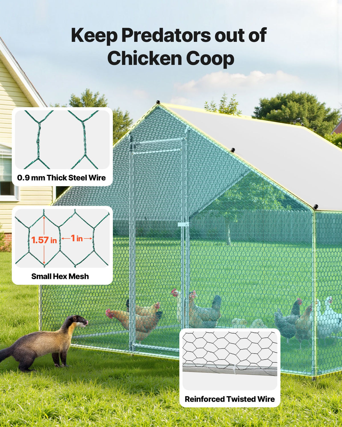 VEVOR Metal Chicken Coop, 9.8x6.5x6.5ft Large Walk-in Chicken Runs with Cover, Spire Roof Hen House Enclosure with Security Lock, Outdoor Duck Rabbit Cage Poultry Pen for Backyard, Farm, Yard