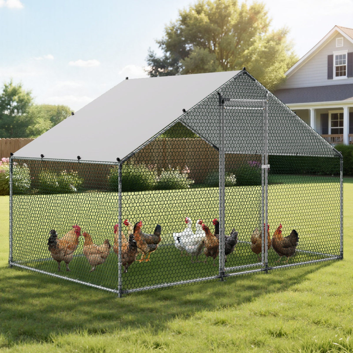 VEVOR Metal Chicken Coop, 9.8x6.5x6.5ft Large Walk-in Chicken Runs with Cover, Spire Roof Hen House Enclosure with Security Lock, Outdoor Duck Rabbit Cage Poultry Pen for Backyard, Farm, Yard
